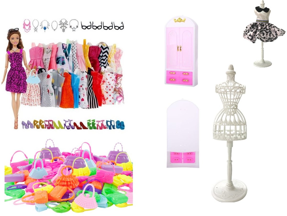 Voor de Pop | Modepop | Barbie | Mega Roze Prinsessenkast met 30 delige kledingset en Mannequin | Poppenaccessoires | Poppenkleding